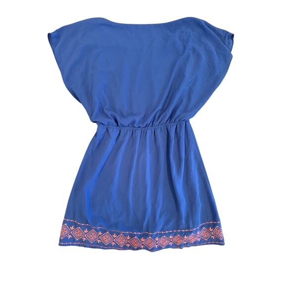 Miami Women’s Blue Boho Boutique Shift Dress Small Embroidered Hem Elastic Waist - Picture 6 of 9
